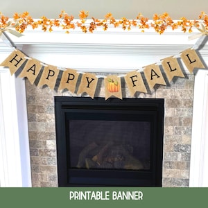 May include: A burlap banner featuring the text HAPPY FALL in black capital letters on individual pennants, with a small orange pumpkin illustration between the words. The banner is accented with cream-colored ribbons and orange autumn leaves.