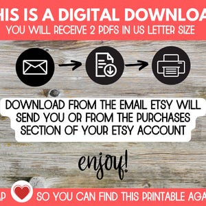 May include: A digital download instruction graphic with a red header reading THIS IS A DIGITAL DOWNLOAD YOU WILL RECEIVE 2 PDFS IN US LETTER SIZE. Icons show an envelope, a document, and a printer. Text reads DOWNLOAD FROM THE EMAIL ETSY WILL SEND YOU OR FROM THE PURCHASES SECTION OF YOUR ETSY ACCOUNT, followed by enjoy! and TAP [heart icon] SO YOU CAN FIND THIS PRINTABLE AGAIN!