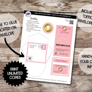 Pode incluir: Modelo de envelope imprim&iacute;vel para a fada do dente com um design rosa e dourado. O modelo inclui um recibo de dente, um certificado e um envelope com espa&ccedil;o para um dente. O texto "A fada do dente" est&aacute; inclu&iacute;do no modelo.