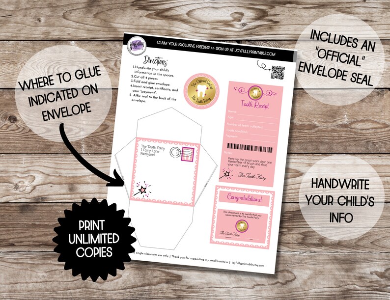 Pode incluir: Modelo de envelope imprim&iacute;vel para a fada do dente com um design rosa e dourado. O modelo inclui um recibo de dente, um certificado e um envelope com espa&ccedil;o para um dente. O texto "A fada do dente" est&aacute; inclu&iacute;do no modelo.