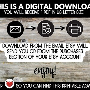 Pode incluir: Um gr&aacute;fico de download digital com um fundo de madeira. O gr&aacute;fico mostra um envelope branco, um documento com uma seta de download e uma impressora. O texto diz "Esta &eacute; uma descarga digital. Voc&ecirc; receber&aacute; 1 PDF no tamanho carta dos EUA. Fa&ccedil;a o download do email que o Etsy enviar&aacute; ou da se&ccedil;&atilde;o de compras da sua conta Etsy. Aproveite! Toque ♡ para que voc&ecirc; possa encontrar este imprim&iacute;vel novamente!"