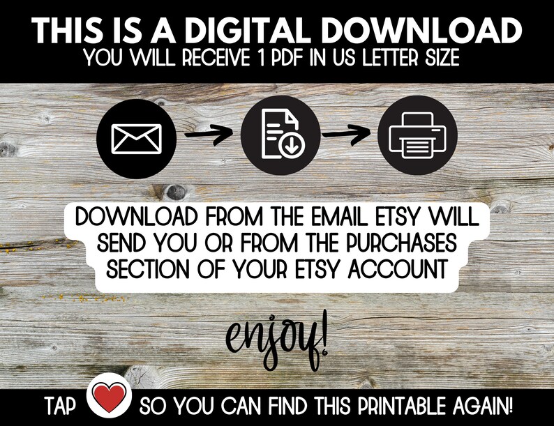 Pode incluir: Um gr&aacute;fico de download digital com um fundo de madeira. O gr&aacute;fico mostra um envelope branco, um documento com uma seta de download e uma impressora. O texto diz "Esta &eacute; uma descarga digital. Voc&ecirc; receber&aacute; 1 PDF no tamanho carta dos EUA. Fa&ccedil;a o download do email que o Etsy enviar&aacute; ou da se&ccedil;&atilde;o de compras da sua conta Etsy. Aproveite! Toque ♡ para que voc&ecirc; possa encontrar este imprim&iacute;vel novamente!"