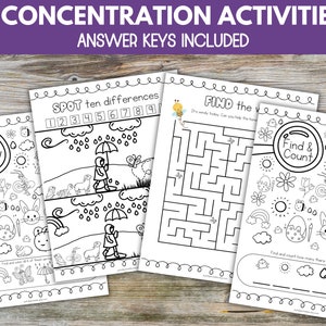 May include: Four black and white printable activity sheets for kids. The sheets include a 'I Spy' picture, a 'Spot the Differences' picture, a maze, and a 'Find and Count' picture. The sheets are designed to help children develop their concentration skills.