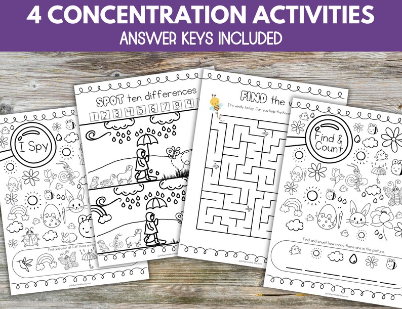 May include: Four black and white printable activity sheets for kids. The sheets include a 'I Spy' picture, a 'Spot the Differences' picture, a maze, and a 'Find and Count' picture. The sheets are designed to help children develop their concentration skills.