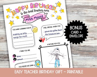 Cuestionario de cumpleaños para maestros, tarjeta imprimible, regalo de cumpleaños para maestros, el mejor maestro del mundo
