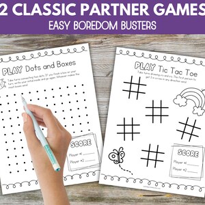 May include: Two printable game sheets for kids. The first sheet is a black and white dots and boxes game. The second sheet is a black and white tic tac toe game with a rainbow and a butterfly.