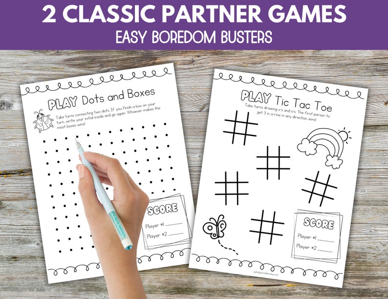 May include: Two printable game sheets for kids. The first sheet is a black and white dots and boxes game. The second sheet is a black and white tic tac toe game with a rainbow and a butterfly.