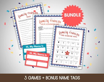 Family Reunion Games Bundle, Icebreaker Games Bundle, Family Reunion Bingo, Get to Know You Bingo, Family Reunion Trivia, Family Selfie Game