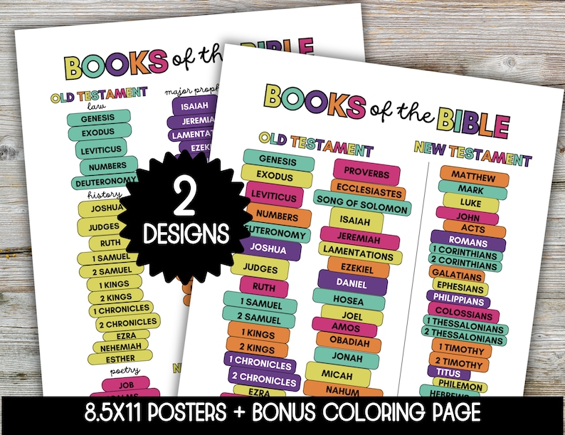 May include: Two colorful printable posters with the titles "Books of the Bible" and "Old Testament" and "New Testament". The posters list the books of the Bible in order. The posters are 8.5x11 inches and include a bonus coloring page.