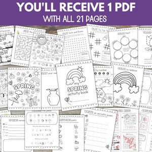 May include: A black and white printable activity book for kids featuring a spring theme. The book includes 21 pages of activities such as coloring, dot-to-dot, word searches, mazes, and more.