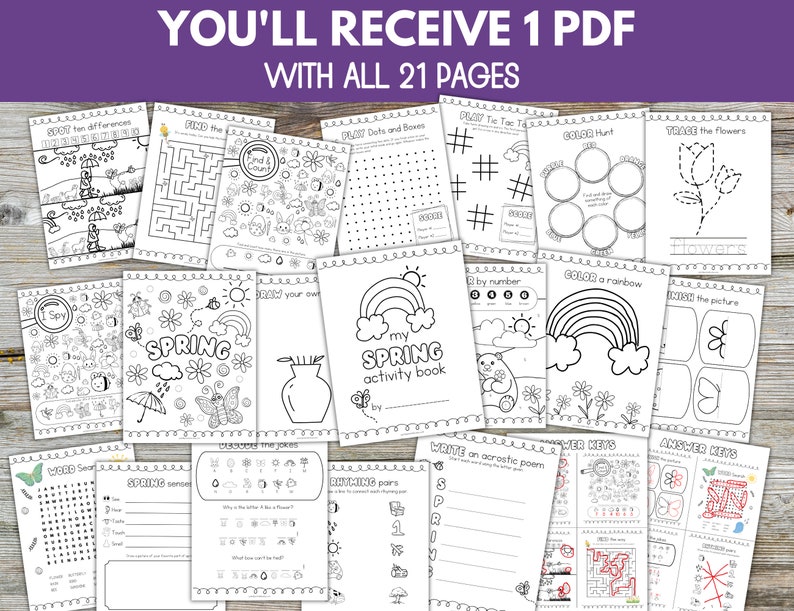 May include: A black and white printable activity book for kids featuring a spring theme. The book includes 21 pages of activities such as coloring, dot-to-dot, word searches, mazes, and more.