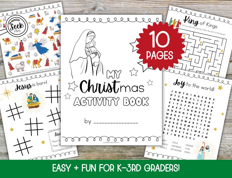 May include: A black and white printable Christmas activity book with a cover featuring a drawing of Mary holding baby Jesus. The title of the book is "My Christmas Activity Book" and the text "Easy + Fun for K-3rd Graders!" is at the bottom of the cover. The book includes 10 pages of activities.