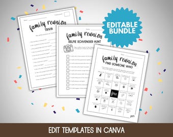 Family Reunion Games Bundle, Editable Template, Icebreaker Games Bundle, Get to Know You Bingo, Family Reunion Bingo, Selfie Scavenger Hunt