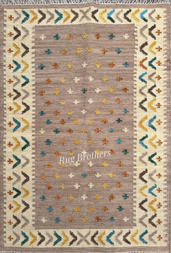 Handwoven Beige, Cream and Colorful Area Rug: Rollakan Scandinavian Modern Minimalist Design