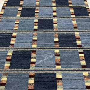 Handwoven Wool Rug Kilim Dhurrie Reversible Blue Checkered Rug Handmade Flatweave Area Dhurry Home Decor CUstomize in all Size