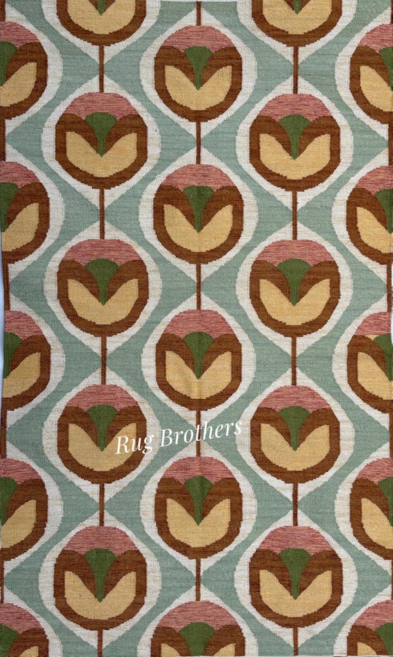 Vintage Scandinavian Wool Rug: Mid-Century Geometric Flatweave Minimalist Boho Rug
