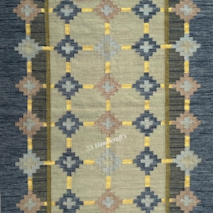 Exquisite Blue Swedish Style Inspired High Quality Wool Rug Flatweave Kilim Rug for Bedroom, Office 6x9 8x10 Rug Customize in all Size