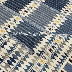Blue Swedish Scandinavian Inspired High Quality Handwoven Wool Rug Flatweave Kilim Rug for Bedroom, Office 8x10 Rug Customize in all Size