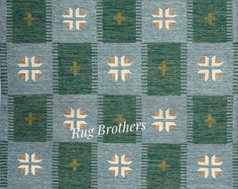 Handwoven Blue, Orange and Green Chic Wool Rug: Scandinavian Modern Minimalist Design Flatweave