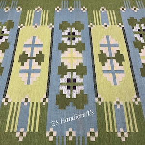 Green Handwoven Wool Kilim Rug: Swedish Scandinavian Style 8x10