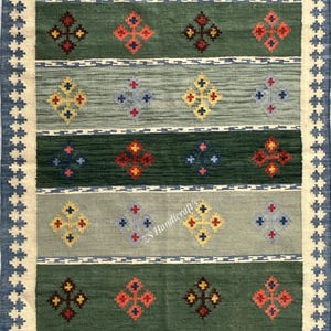 Exquisite Green Swedish Style Inspired High Quality Wool Rug Flatweave Kilim Rug for Bedroom, Office 6x9 8x10 Rug Customize in all Size