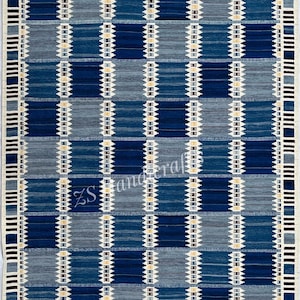 Blue Swedish Scandinavian Inspired High Quality Handwoven Wool Rug Flatweave Kilim Rug for Bedroom, Office 8x10 Rug Customize in all Size