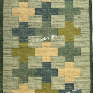 Handwoven Green Wool Rug: Swedish Scandinavian Kilim Style, 8x10