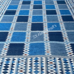 Blue Swedish Scandinavian Inspired High Quality Handwoven Wool Rug Flatweave Kilim Rug for Bedroom, Office, 8x10 Rug Customize in all Size