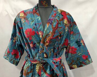 Bird Floral Print Plus Size Handmade Bohemian Cotton Velvet Kimono Jacket  Bridal/ Bridesmaids/ New Mum/ Wedding/ Father's DayGift