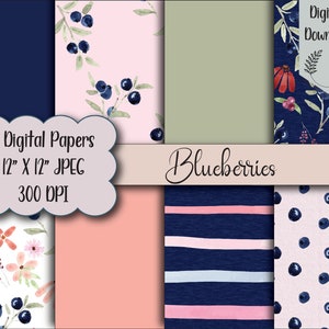 Digital Paper - Scrapbook Paper - Printable Paper Pack - Blueberries - 300 dpi