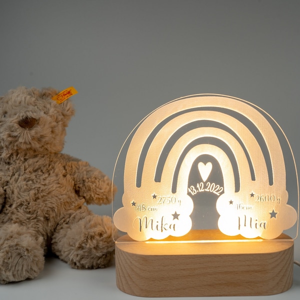 Luz nocturna arcoíris acrílica personalizada, regalo de bebé para el nacimiento de gemelos, habitación infantil, lámpara de noche