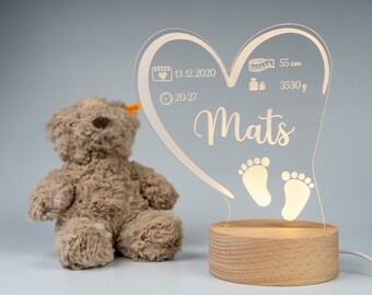 Veilleuse personnalisée coeur en acrylique, cadeau bébé idéal pour la naissance, chambre d'enfant, lampe de chevet