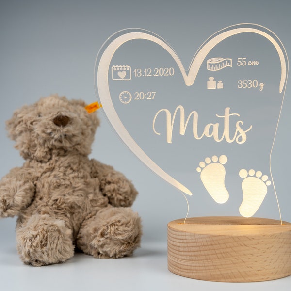 Personalisiertes Nachtlicht Herz aus Acryl, ideales Babygeschenk zur Geburt, Kinderzimmer, Nachttischlampe