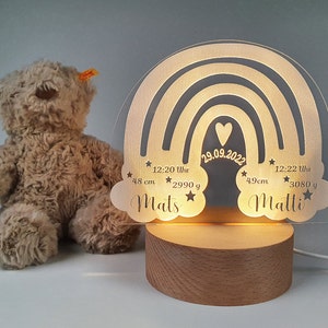 Personalisiertes Nachtlicht in Form eines Regenbogens aus Acryl, Babygeschenk zur Geburt von Zwillingen, Kinderzimmer, Nachttischlampe Runde Basis