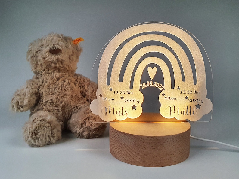 Personalisiertes Nachtlicht in Form eines Regenbogens aus Acryl, Babygeschenk zur Geburt von Zwillingen, Kinderzimmer, Nachttischlampe Runde Basis