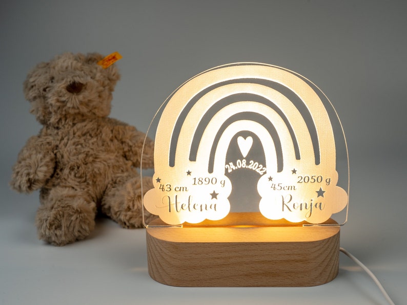 Personalisiertes Nachtlicht in Form eines Regenbogens aus Acryl, Babygeschenk zur Geburt von Zwillingen, Kinderzimmer, Nachttischlampe Ovale Basis