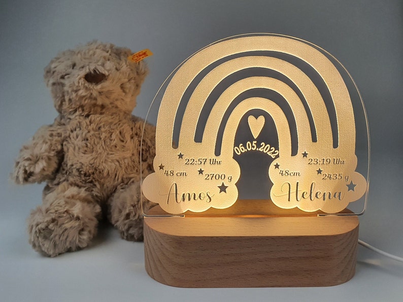 Veilleuse arc-en-ciel acrylique personnalisée, cadeau bébé pour la naissance de jumeaux, chambre enfant, lampe de chevet image 2