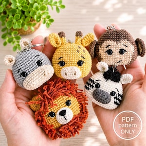 Amigurumi Safari Animals Set - Virkmönster - Croxart - Lejon Giraffe Zebra Hippo Monkey - Amigurumi 2D - Amigurumi Nyckelring - Baby Shower