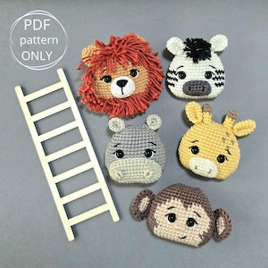 Amigurumi Safari Animals Set - Patrón de Ganchillo - Croxart - León Jirafa Cebra Hipopótamo Mono - Amigurumi 2D - Llavero Amigurumi - Baby Shower