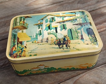 Escena portuguesa Vintage Tin 1970's Hombre con burros Ocean Side Village