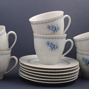 Scherzer Six Small Cups and Saucers White Porcelain with Blue Flowers Bavaria Germany 1980