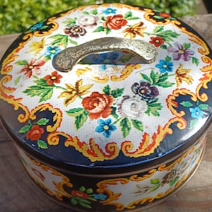 Floral Victoria Vintage Tin with Gold Handle on Lid Belgium 1940