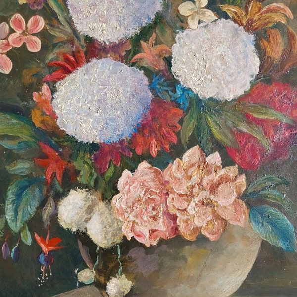 Nature morte originale de fleurs peintes à la main dans un vase, peinture à l'huile dans un cadre en bois 1930