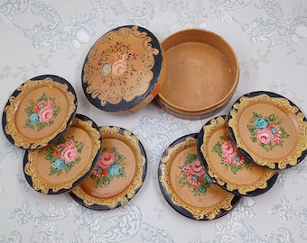 Paper-mâché Floral Coasters in Matching Box Vintage Japanese 1960