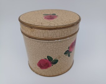 Small Vintage 1970's Tin with Lid decorated with Hand Painted Roses