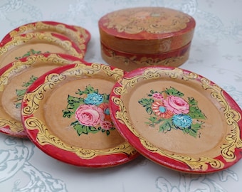 Paper-mâché Floral Coasters in Matching Box Vintage Japanese 1960
