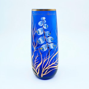 Cobalt Blue Small Vase Gold and White Hand Painted Flowers Germany 1980