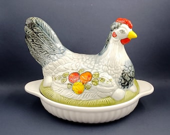 Terrina de gallina en nido con tapa y fuente pequeña para horno SMF Schramberg, hecha a mano en 1970