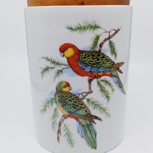 Canister with Wooden Lid with Exotic Bird Images Germany