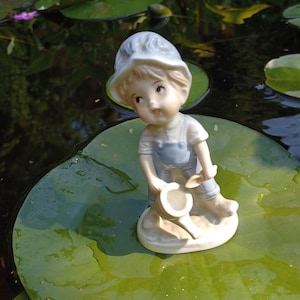 Ceramic Vintage Figurine of Little Boy Playing with Watering Can and Spade 1980